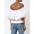 Lâche Fit Blanc Hors-épaule À Manches Courtes Ruffled Summer Blouse Fabrication En Gros Mode Femmes Vêtements (TA0030B)